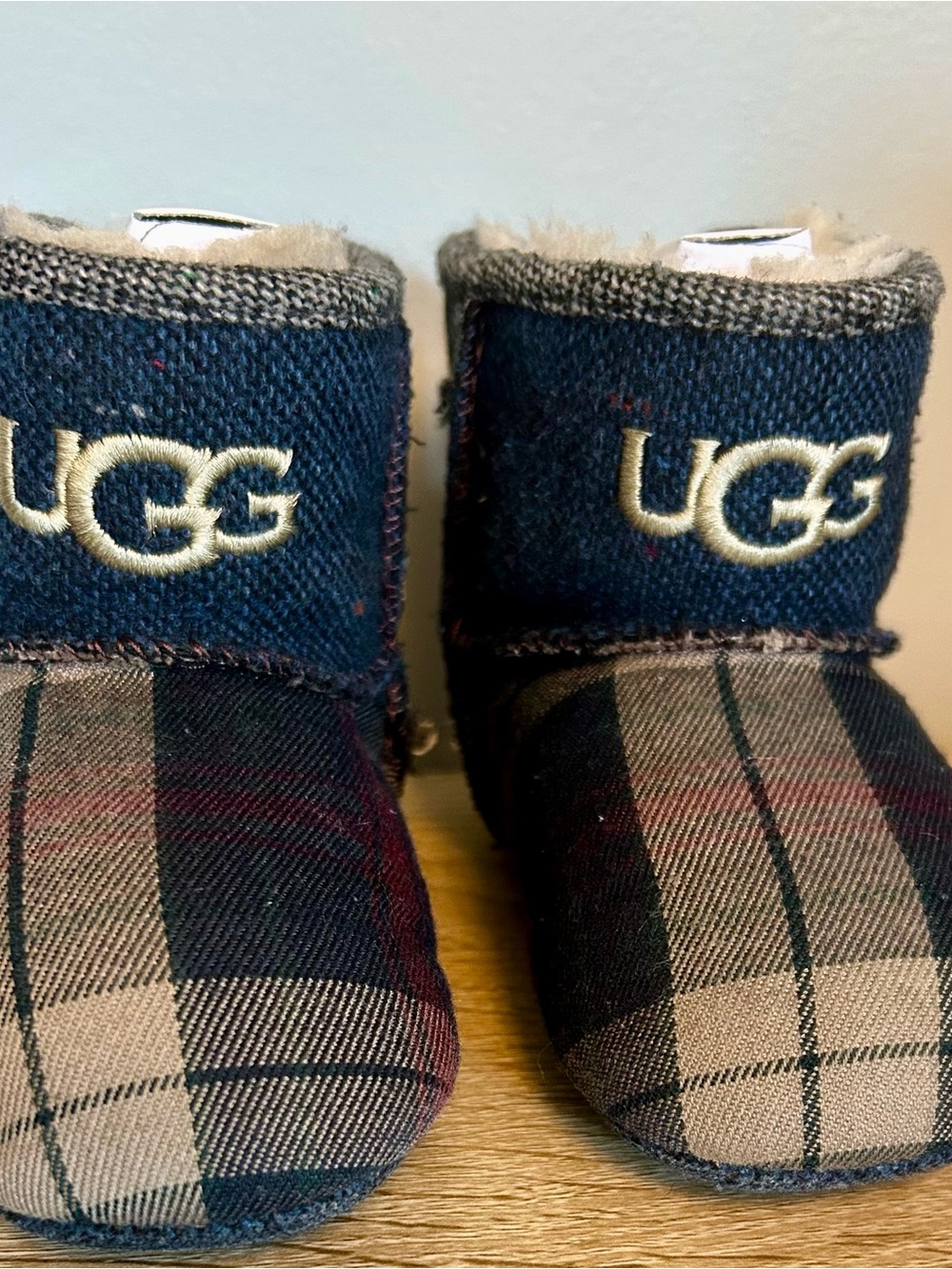 UGG Plaid Baby Booties in Blue and Tan